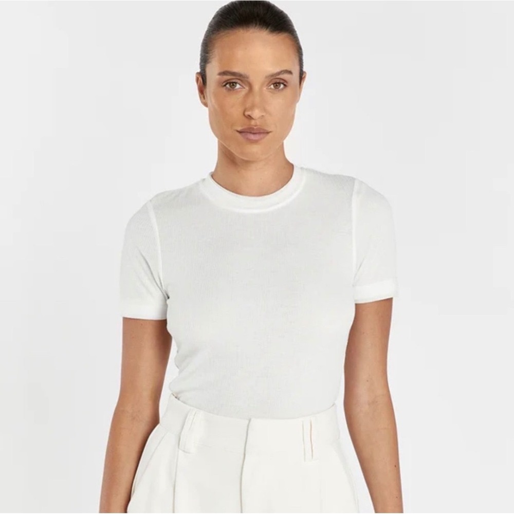 DISSH Jude Baby Tee Short Sleeve Ribbed Crew Neck Top White Pale Yellow - Small